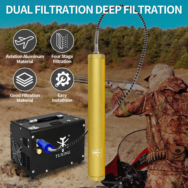 TUXING فلتر زيت وماء لضاغط الهواء TUXING 4500Psi PCP، فلتر هواء عالي الضغط، فاصل زيت الماء للغوص مع موصل سريع أنثوي وذكري 8 مم لشحن بندقية الهواء PCP وخزان الغوص L350*OD49*ID36mm - Image 3